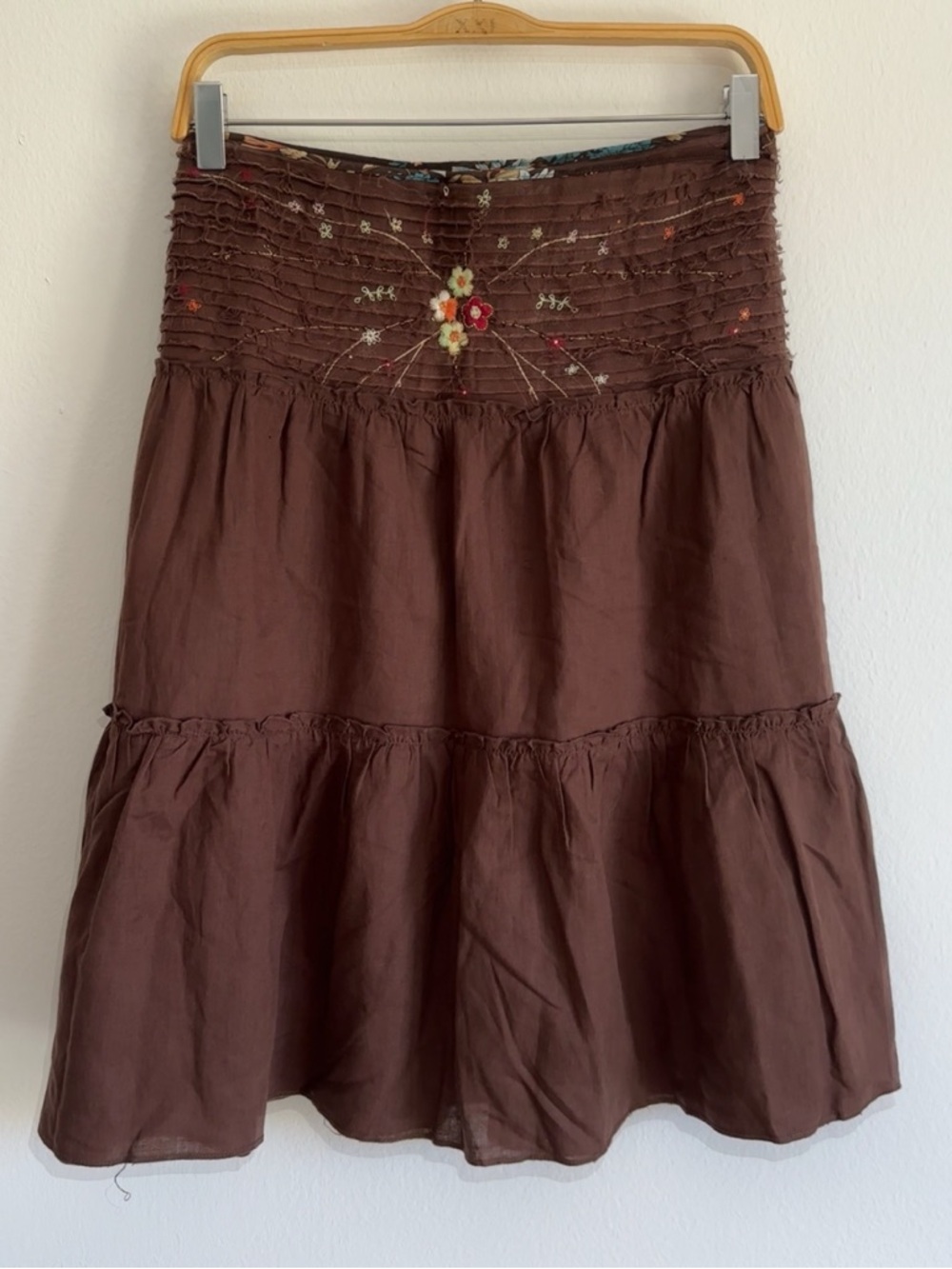 Vintage Y2K Farhat Day Skirt Midi Fairy Brown Embroidered Floral Tiered Grunge
